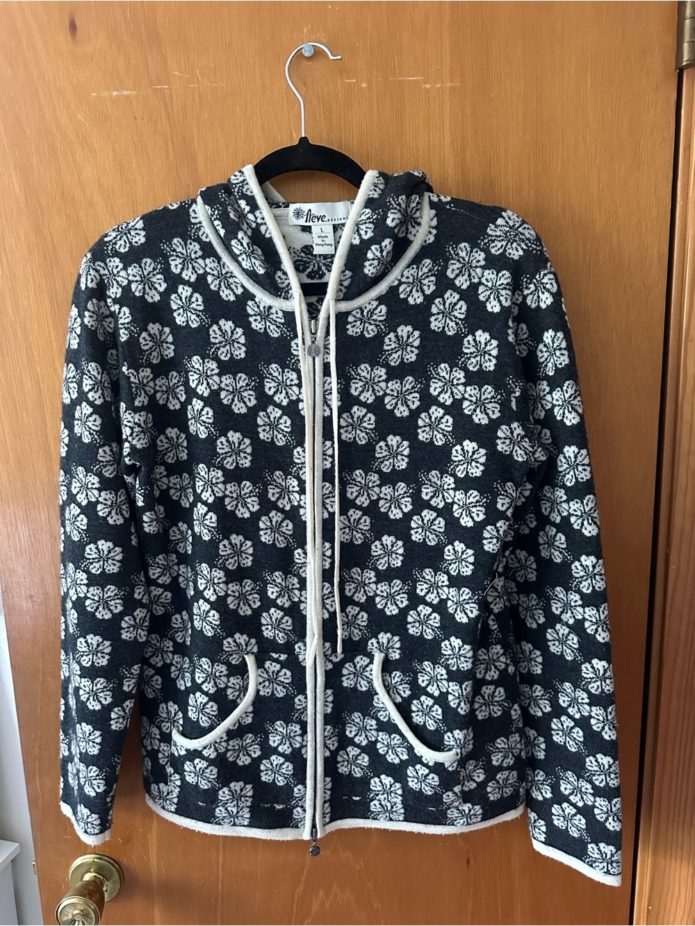 Neve Designs Charcoal Black White Merino Wool Floral Full Zip Hoodie L - Picture 7 of 10